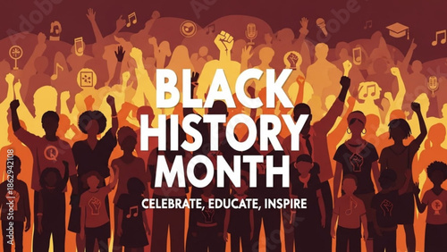 Black History Month Celebration with Diverse People Raising Hands in Solidarity, Flat Design