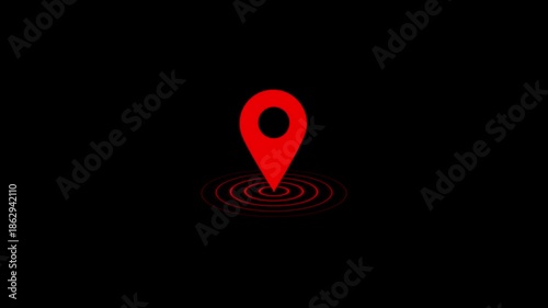 GPS location pointer animated with radio wave, location map pointer with pin icon and location animation on black background for navigation and tracking technology