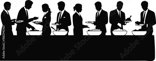 Business people buffet catering line silhouettes corporate event food service teamwork dining illustration isolated on white background professional vector design