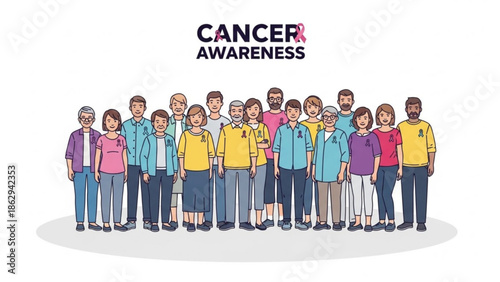 Diverse Group of People Wearing Colorful Clothing for Cancer Awareness Campaign on White Background