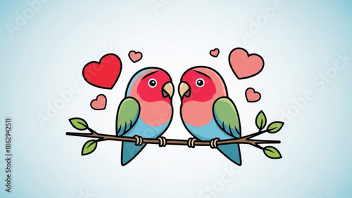 Lovebirds Perched on Branch Surrounded by Hearts in Cartoon Style