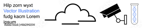 Data security, cloud computing, surveillance, biotechnology, privacy, science research. A cloud icon, CCTV camera and DNA sample tube illustration. Cloud computing and data security concept