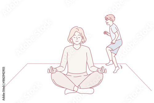 Calm young mom meditate at home with child playing near. Relaxed woman sit in lotus position practice yoga distracted from naughty kid. Vector illustration.