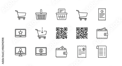 Collection of black and white outline icons representing online shopping, e commerce, payment, and digital transactions including shopping carts, baskets, qr codes