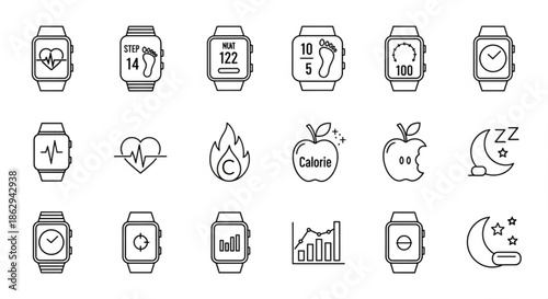 Collection of simple line art icons representing health and fitness tracking on smartwatches and mobile devices including heart rate steps calories sleep and activity