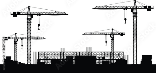 Construction site silhouette with tower cranes, urban building framework, industrial development scene, black vector illustration for architecture engineering