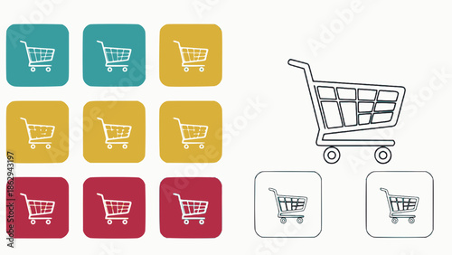 Shopping cart icons in various colors and styles for e-commerce