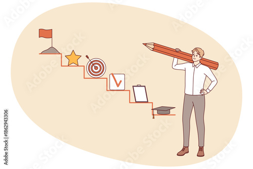 Business man plans career growth and draws checklist in form of ladder for developing professional skills. Guy uses strategic thinking to developing and search for opportunities for self-improvement