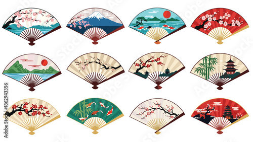 Beautiful assortment of traditional Japanese folding fans, each depicting iconic scenes such as Mount Fuji, cherry blossoms, temples, and koi fish.