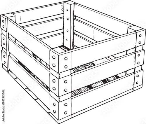 Wooden Crate or Box Hand-drawn Sketch Drawing Vector Illustration, Line Linear Symbol Engraving Coloring Book, Black and White Isolated