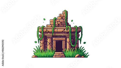 Weathered ancient ruin, resembling a forgotten temple or shrine, intricately covered by lush green vines and surrounded by tall, vibrant grass.