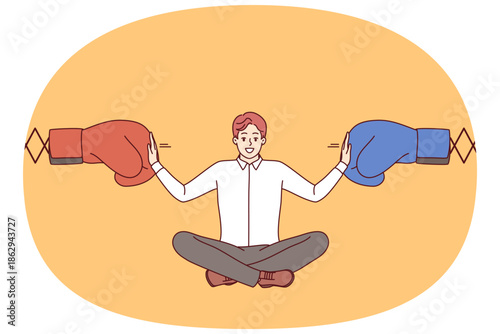 Man business mediator works in conflict management and sits between two boxing gloves. Experienced boss mediator stops dispute corporate employees to avoid decrease in work productivity