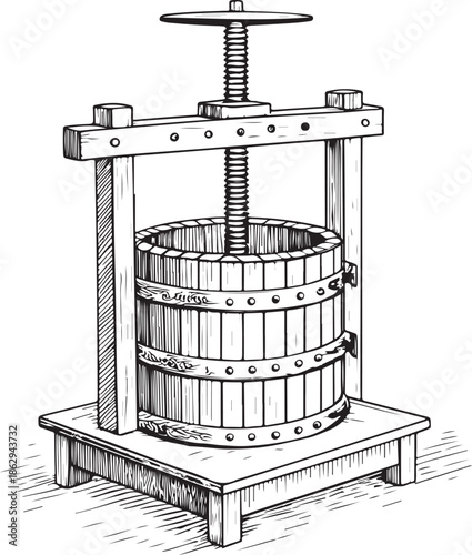 Grape press and Winemaking Hand-drawn Sketch Drawing Vector Illustration, Line Linear Symbol Engraving Coloring Book, Black and White Isolated