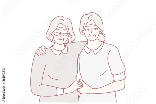 Portrait of smiling elderly female friends hugging showing long lasting friendship. Happy senior grandmothers embrace show unity and care. Vector illustration.
