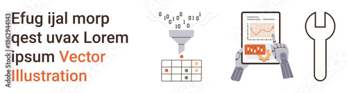 Data analytics, automation, machine learning, process optimization, digital tools, workflow management. Binary funnel, tablet with graph wrench. Data analytics and automation