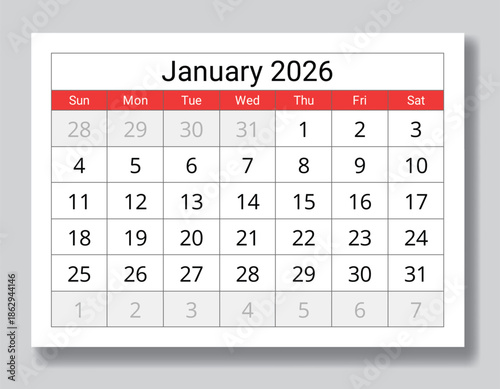 2026 january calendar. A vector illustration of English monthly page. Design Sunday start