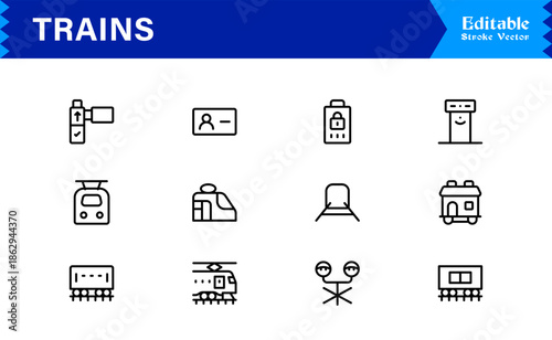 Modern Train Line Icon Collection Featuring Minimal Locomotive and Rail Elements, Unique Vector Design with Professional Quality for Transport, Travel, and Infrastructure