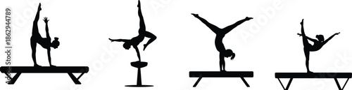 Gymnastics silhouettes set athletic balance poses strength flexibility sport training illustration isolated on white background fitness vector design