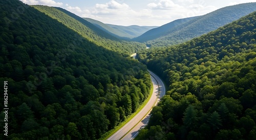 Scenic mountain road winding through a vibrant green valley under a bright sky with fluffy clouds