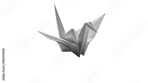 Gray origami crane against a white background