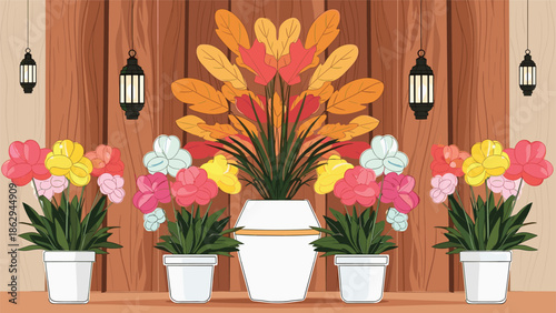 Beautiful floral arrangement with multiple pots of colorful flowers and tall plant stalks placed in front of a rustic wooden wall decorated with lanterns.