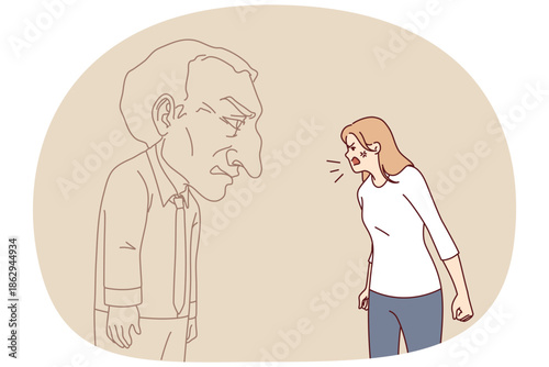 Angry woman screams at imaginary interlocutor, experiencing psychologically distress due to mental trauma from childhood. Conflict aggressive, psychologically unbalanced girl in need of sedatives