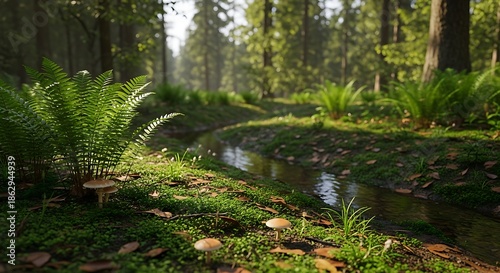 Serene forest stream winding through lush green ferns and moss with small mushrooms under dappled
