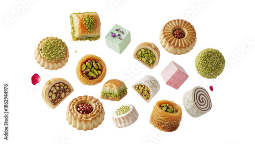 Middle Eastern pastries assortment with pistachio, pink marshmallow