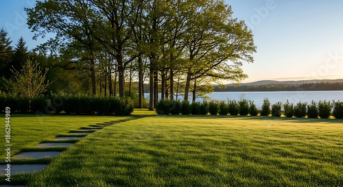 Serene lakeside landscape with lush green lawn and natural stepping stone path under a clear sky