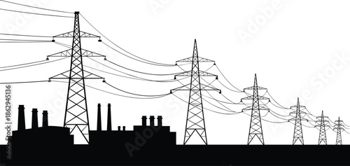 High voltage power transmission towers with industrial factory silhouettes electricity grid energy infrastructure illustration isolated on white 