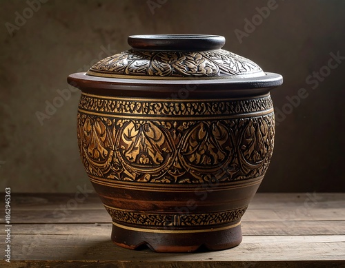 Ornate, brown ceramic pot with lid, intricate carvings on wooden table