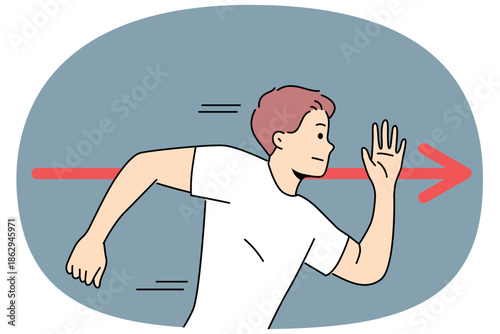 Brave man runs in opposite direction near red arrow, demonstrating rebellion and non-conformity. Guy with unconventional thinking channels own energy and strength and shows rebellion