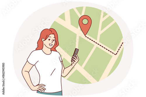 Woman uses electronic map in mobile phone to plot route or track courier delivery. Girl using modern technology to navigate in unfamiliar places with map application in smartphone.