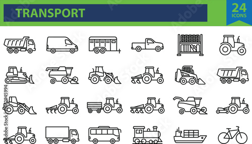 Collection of thin line icons featuring heavy duty construction vehicles agricultural machinery farming tractors delivery trucks and logistics transportation equipment