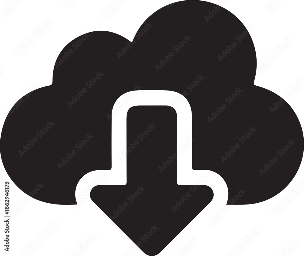 Obraz premium Cloud download icon technology illustration, Simple black cloud with downward arrow icon representing cloud storage, data download, online backup, and digital file transfer concepts.