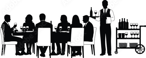 Elegant, formal, restaurant, dinner, wine, waiter, service, hospitality, celebration, group, people, dining, silhouette, black, white, social, event, tray, cart, glasses - flavector