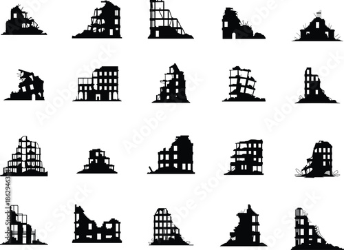 Ruined building silhouettes collection showing urban destruction, abandoned city architecture aftermath of war and disaster isolated on white background design