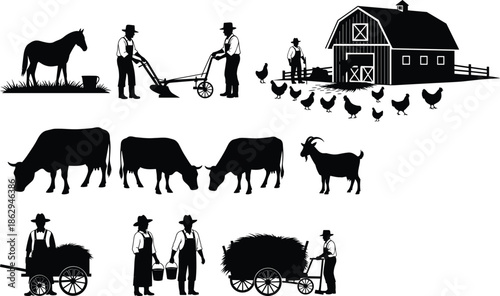 Farm life silhouette, rural scene, horse, cow, goat, farmer, barn, plow, hay cart, bucket carry, black and white