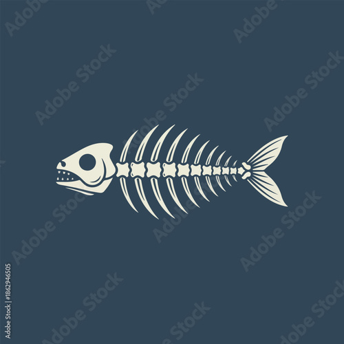 Vintage cream fish skeleton bones illustration on a dark blue background