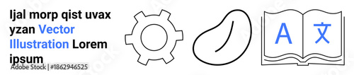 Gear, bean, open book with language symbols alongside random text lines. Ideal for education, technology, language study, automation, creativity, modern design simple landing page