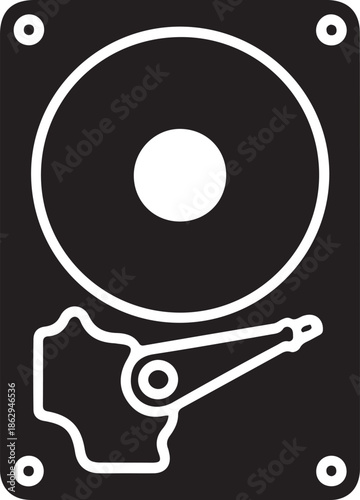 Hard disk drive storage icon illustration, Black hard disk drive icon representing data storage, computer hardware, information saving, and digital memory concept for technology and IT systems.

