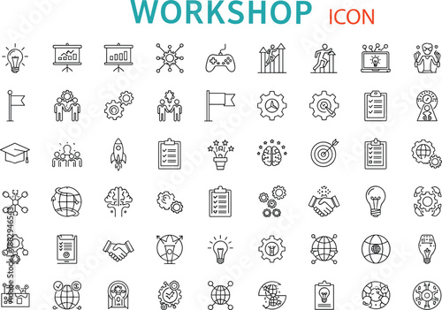 Large collection of thin line business icons featuring light bulbs gear wheels charts handshakes and globes for professional corporate presentation design