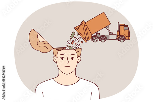 Men need information detox to clear garbage in heads poured out of truck symbolizing fake news. Lack of information detox has led to littering of memory and intellect or drop in motivation