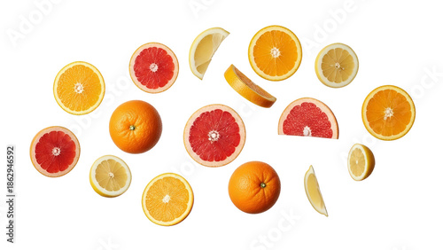 Orange fruit assortment, grapefruit slices, and yellow lemon pieces