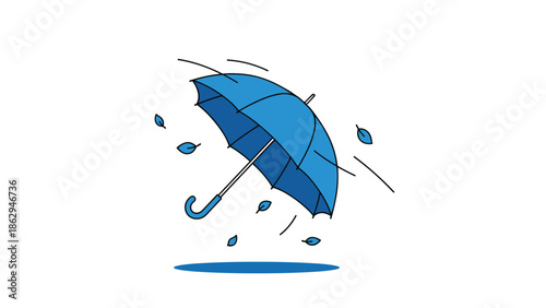 Blue umbrella caught in a gust of wind with blue leaves blowing around it representing windy autumn weather against a clean white background.