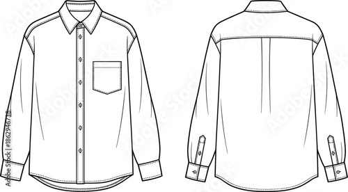 Men’s long sleeve button up shirt technical line art illustration with front and back views, classic apparel fashion flat vector design