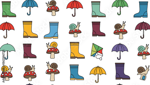 Charming seamless pattern with rainy day motifs like colorful boots, umbrellas, snails on mushrooms, and kites scattered on a white background.