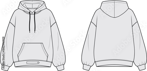 Technical hoodie sweatshirt front and back view line art illustration for fashion apparel design, casual streetwear vector template technical drawing mockup