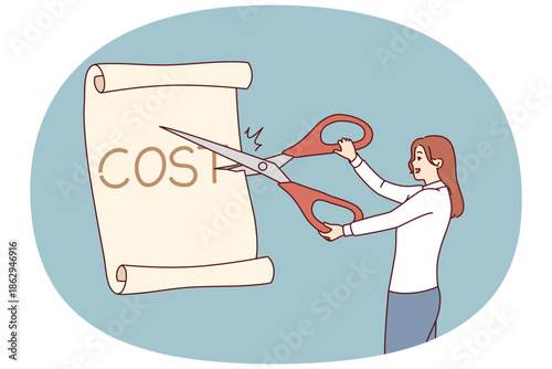 Businesswoman reduces cost to get more income and invest in profitable areas, cuts sheet of paper with scissors. Concept of skills to reduce cost in business, to avoid bankruptcy and cheaper goods