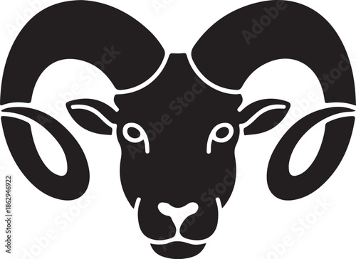 Powerful black silhouette of a ram's head featuring large, majestic curled horns